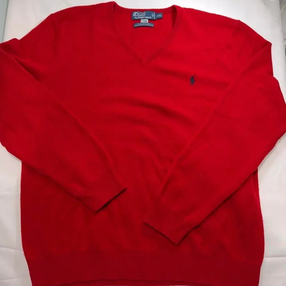 Polo Ralph Lauren Sweater Mens XXL Red V-Neck 100% Lambs Wool Italian Yarn Pony